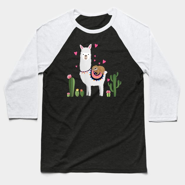 Sloth Riding Llama Valentines Day Hearts Love Shirt Baseball T-Shirt by Rozel Clothing